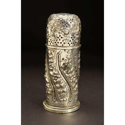 184 - A VICTORIAN SILVER SUGAR CASTER, of cylindrical form, domed pull off cover, foliate repousse decorat... 