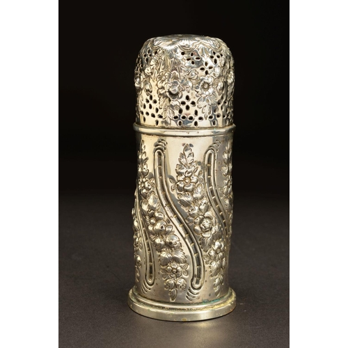 184 - A VICTORIAN SILVER SUGAR CASTER, of cylindrical form, domed pull off cover, foliate repousse decorat... 