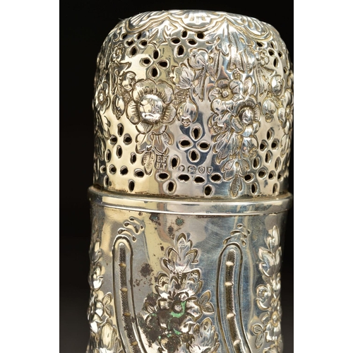 184 - A VICTORIAN SILVER SUGAR CASTER, of cylindrical form, domed pull off cover, foliate repousse decorat... 