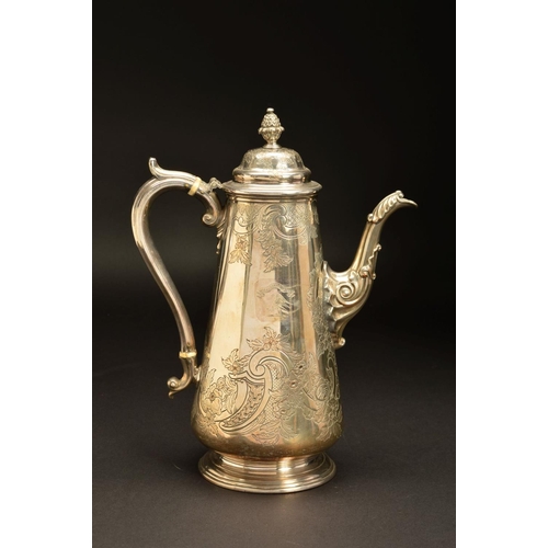 185 - A LATE 19TH CENTURY ELECTRO PLATED QUEEN ANNE STYLE COFFEE POT, pineapple finial on a domed hinged c... 