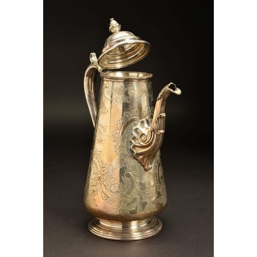 185 - A LATE 19TH CENTURY ELECTRO PLATED QUEEN ANNE STYLE COFFEE POT, pineapple finial on a domed hinged c... 