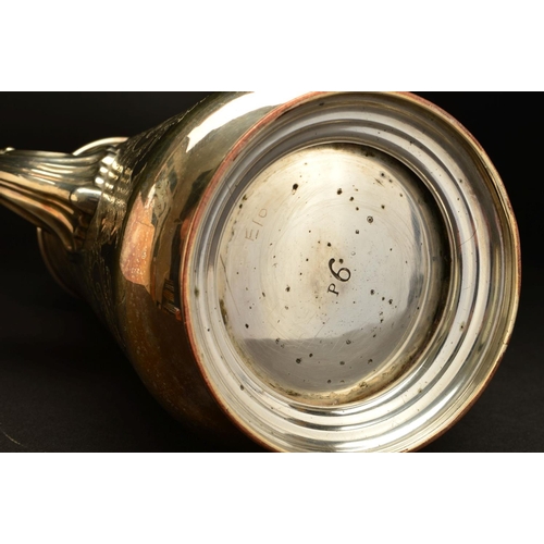 185 - A LATE 19TH CENTURY ELECTRO PLATED QUEEN ANNE STYLE COFFEE POT, pineapple finial on a domed hinged c... 