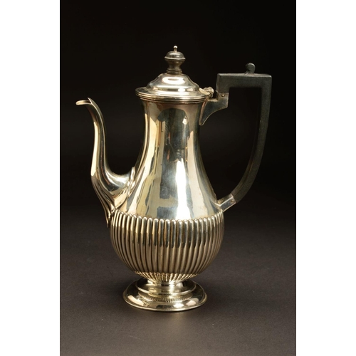 186 - A VICTORIAN SILVER COFFEE POT, of baluster form, domed cover with ebony finial and handle, reeded to... 