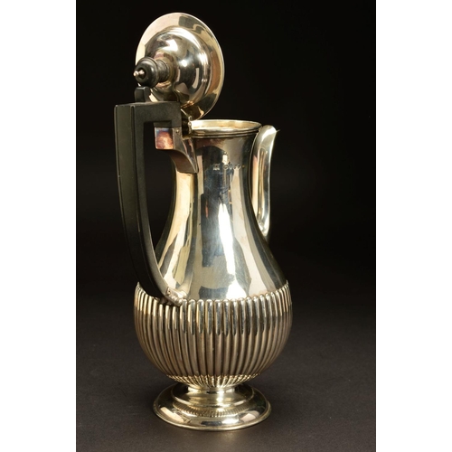 186 - A VICTORIAN SILVER COFFEE POT, of baluster form, domed cover with ebony finial and handle, reeded to... 