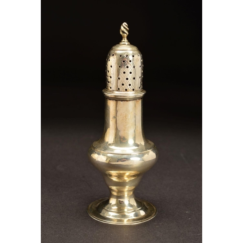 187 - A GEORGE III SILVER CASTER, of baluster form, spiral finial on a pull off domed cover with lattice e... 