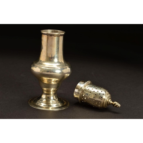 187 - A GEORGE III SILVER CASTER, of baluster form, spiral finial on a pull off domed cover with lattice e... 