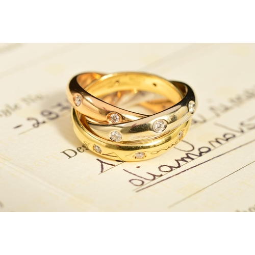 19 - A MODERN PICCHIOTTI 18CT GOLD DIAMOND SET RUSSIAN WEDDING RING, three colour bands each rub over set... 