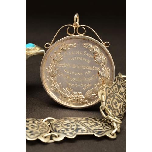 198 - A GEORGE V SILVER MINIATURE QUAICH, the handles inset with a turquoise cabochon, engraved name below... 