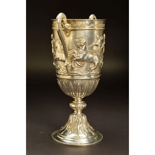 199 - A VICTORIAN SILVER TWIN HANDLED TROPHY CUP, decorated with an engraved band of rolling waves above a... 