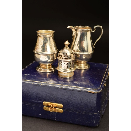 205 - A GEORGE V CASED SILVER MAPPIN & WEBB SILVER CREAM JUG AND SUGAR CASTER, both of girdled baluster fo... 