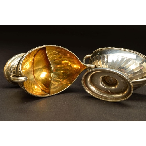 211 - A PAIR OF GEORGE III SILVER DIVIDED TWIN HANDLED SALTS, of oval form, beaded rims, gilt interiors, p... 