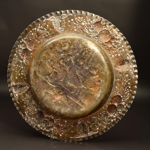 215 - A LATE 19TH/EARLY 20TH CENTURY HANAU SILVER CHARGER, crimped rim, the border embossed with alternati... 