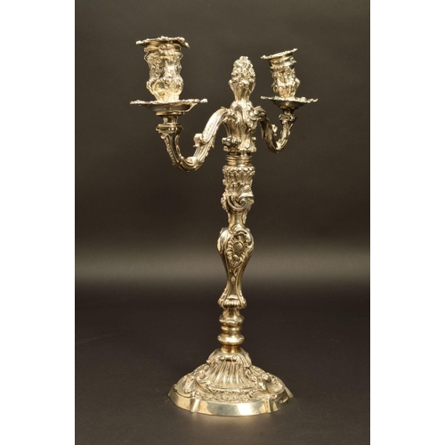 218 - A VICTORIAN SILVER CANDELABRUM, the removable two branch section cast with foliate scrolls and shell... 