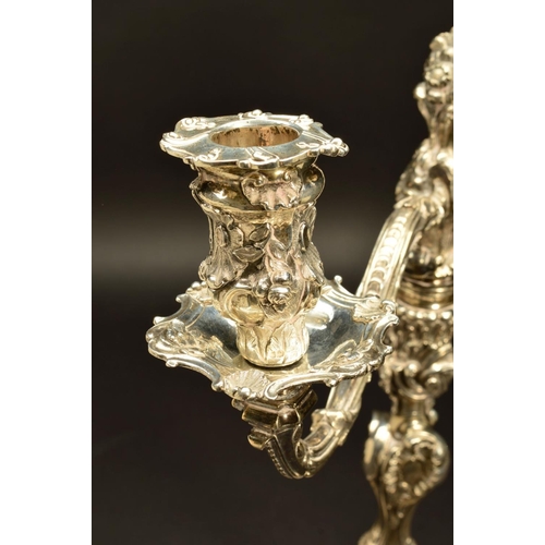 218 - A VICTORIAN SILVER CANDELABRUM, the removable two branch section cast with foliate scrolls and shell... 