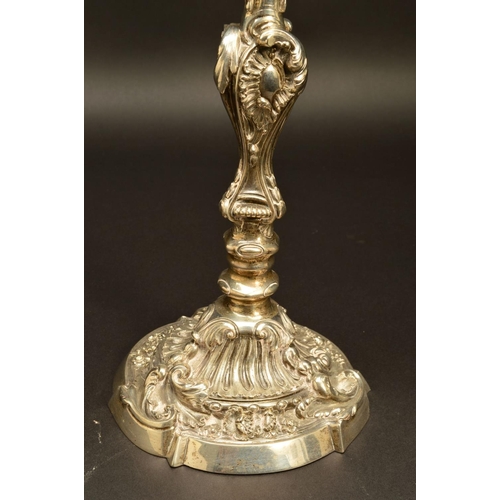 218 - A VICTORIAN SILVER CANDELABRUM, the removable two branch section cast with foliate scrolls and shell... 