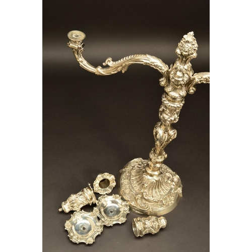 218 - A VICTORIAN SILVER CANDELABRUM, the removable two branch section cast with foliate scrolls and shell... 