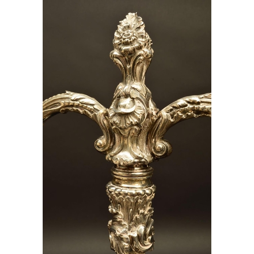 218 - A VICTORIAN SILVER CANDELABRUM, the removable two branch section cast with foliate scrolls and shell... 