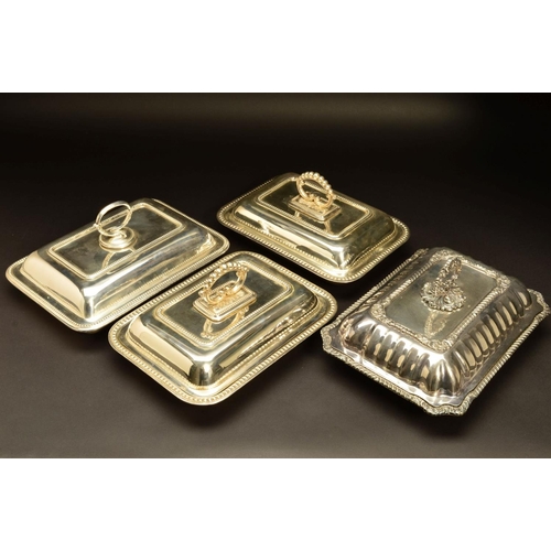 224 - FOUR LATE 19TH/EARLY 20TH CENTURY SILVER PLATED ENTREE DISHES AND COVERS, comprising a pair with bea... 