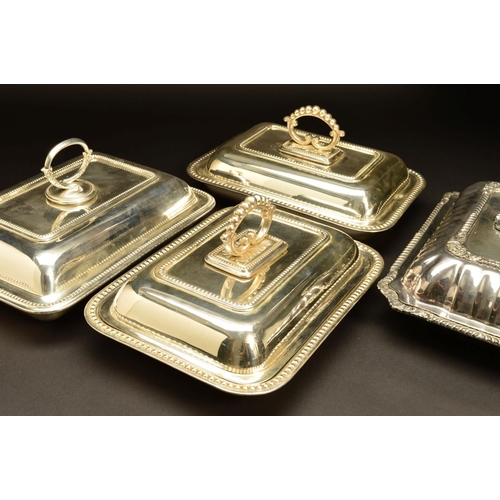 224 - FOUR LATE 19TH/EARLY 20TH CENTURY SILVER PLATED ENTREE DISHES AND COVERS, comprising a pair with bea... 