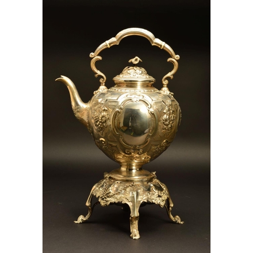 225 - A VICTORIAN EPBS TEA KETTLE ON STAND, of globular form with fixed handle, floral finial above bulbou... 