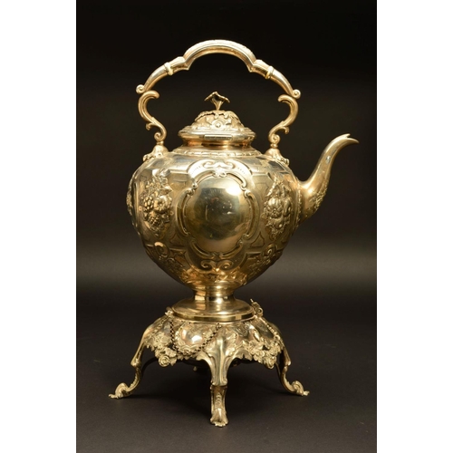 225 - A VICTORIAN EPBS TEA KETTLE ON STAND, of globular form with fixed handle, floral finial above bulbou... 