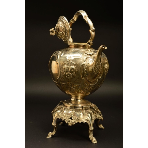 225 - A VICTORIAN EPBS TEA KETTLE ON STAND, of globular form with fixed handle, floral finial above bulbou... 