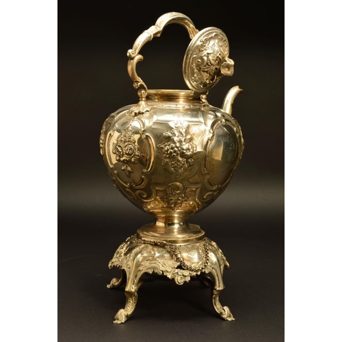 225 - A VICTORIAN EPBS TEA KETTLE ON STAND, of globular form with fixed handle, floral finial above bulbou... 