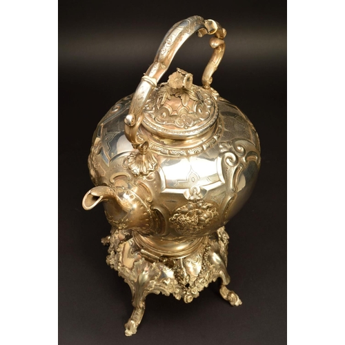 225 - A VICTORIAN EPBS TEA KETTLE ON STAND, of globular form with fixed handle, floral finial above bulbou... 