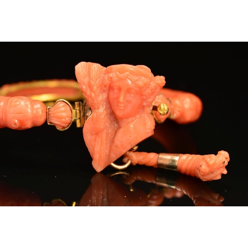 23 - A DELICATE VICTORIAN CARVED CORAL BANGLE, centring on a carved cameo depicting Demeter, suspending a... 