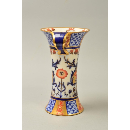 236 - A JAMES MACINTYRE & CO AURELIAN TWIN HANDLED CYLINDRICAL VASE, with flared rims, printed and painted... 