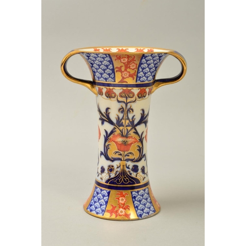 236 - A JAMES MACINTYRE & CO AURELIAN TWIN HANDLED CYLINDRICAL VASE, with flared rims, printed and painted... 