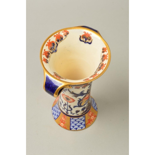 236 - A JAMES MACINTYRE & CO AURELIAN TWIN HANDLED CYLINDRICAL VASE, with flared rims, printed and painted... 