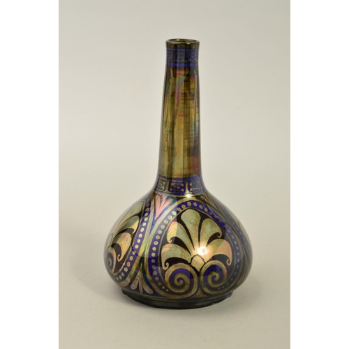 237 - A PILKINGTONS ROYAL LANCASTRIAN POTTERY LUSTRE ONION SHAPED VASE, decorated with silver lustre and b... 