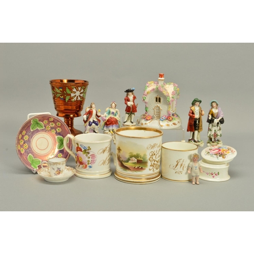 239 - A COLLECTION OF EARLY 19TH TO EARLY 20TH CENTURY POTTERY AND PORCELAIN, including copper lustre pott... 