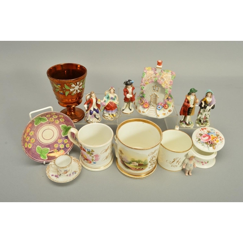 239 - A COLLECTION OF EARLY 19TH TO EARLY 20TH CENTURY POTTERY AND PORCELAIN, including copper lustre pott... 