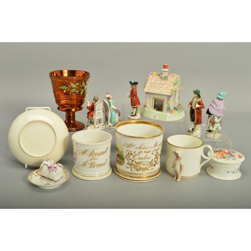 239 - A COLLECTION OF EARLY 19TH TO EARLY 20TH CENTURY POTTERY AND PORCELAIN, including copper lustre pott... 