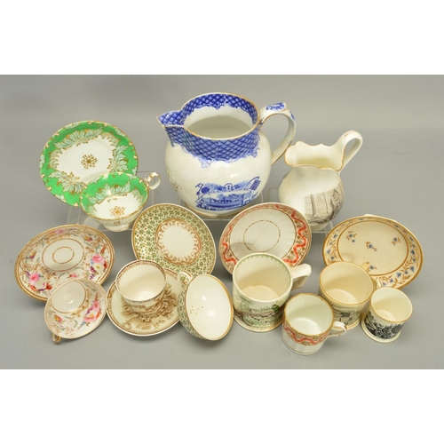 240 - A GROUP OF 19TH CENTURY TRANSFER PRINTED WARES AND ENGLISH PORCELAIN TEA CUPS AND SAUCERS, to includ... 