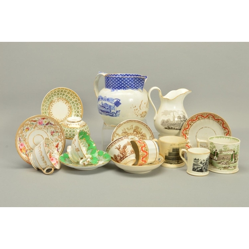 240 - A GROUP OF 19TH CENTURY TRANSFER PRINTED WARES AND ENGLISH PORCELAIN TEA CUPS AND SAUCERS, to includ... 