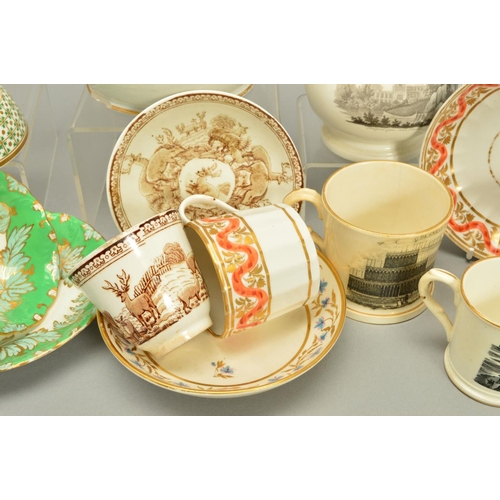 240 - A GROUP OF 19TH CENTURY TRANSFER PRINTED WARES AND ENGLISH PORCELAIN TEA CUPS AND SAUCERS, to includ... 