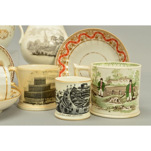 240 - A GROUP OF 19TH CENTURY TRANSFER PRINTED WARES AND ENGLISH PORCELAIN TEA CUPS AND SAUCERS, to includ... 