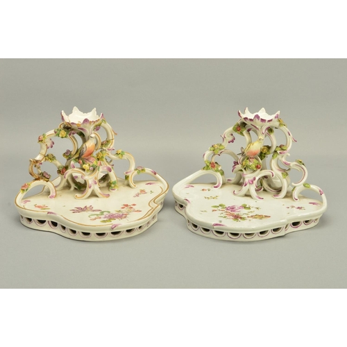 242 - A PAIR OF 18TH CENTURY VIENNA PORCELAIN TABLE CENTREPIECES, of Rococo form, with a wavy rimmed shall... 