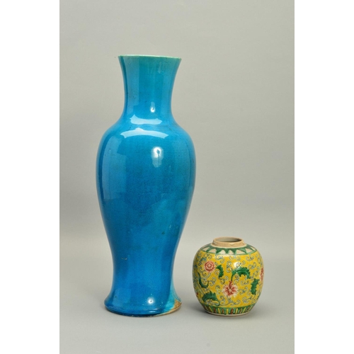 248 - A CHINESE PORCELAIN TURQUOISE GLAZED BALUSTER VASE, crazed in the glaze throughout, unmarked, unders... 