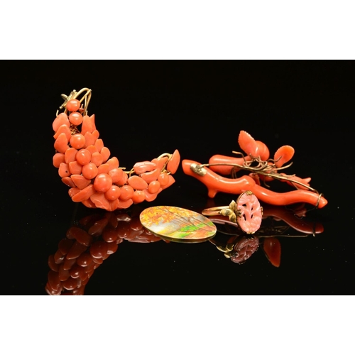 25 - A CORAL COLLECTION, to include two brooches and a glass ring, two brooches of similar appearance, va... 