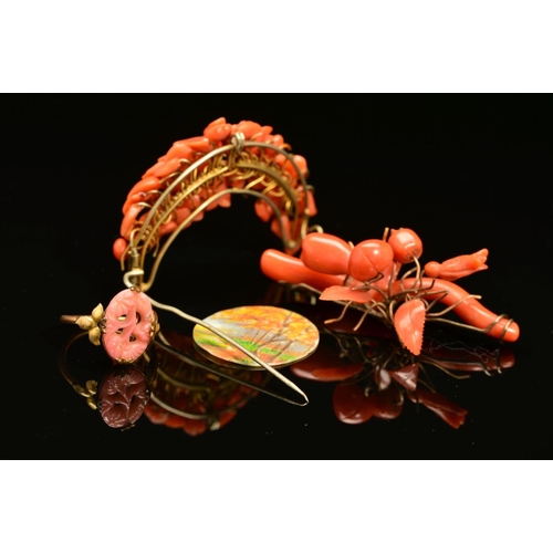 25 - A CORAL COLLECTION, to include two brooches and a glass ring, two brooches of similar appearance, va... 