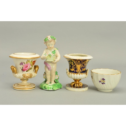 253 - A LATE 18TH CENTURY DERBY PORCELAIN FIGURE OF SPRING, in the form of a putto wearing garlands of flo... 