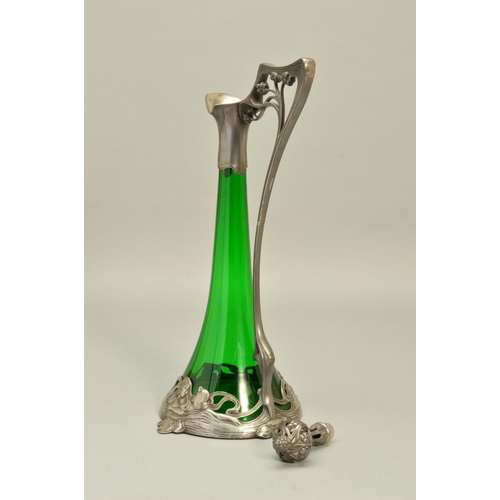 257 - AN ART NOUVEAU WMF (ATTRIBUTED) CLARET JUG, the conical green glass body with openwork stopper and h... 