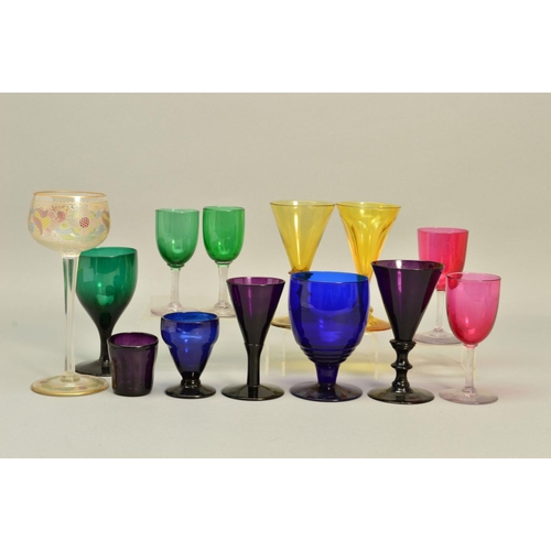 258 - A COLLECTION OF 19TH/20TH CENTURY DRINKING GLASSES, to include Bristol blue rummers, amethyst plain ... 