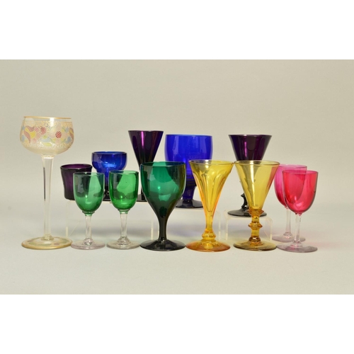 258 - A COLLECTION OF 19TH/20TH CENTURY DRINKING GLASSES, to include Bristol blue rummers, amethyst plain ... 