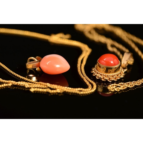 26 - TWO MODERN SMALL CORAL PENDANTS, a heart and a round panel within a twist rope edge border, both tog... 