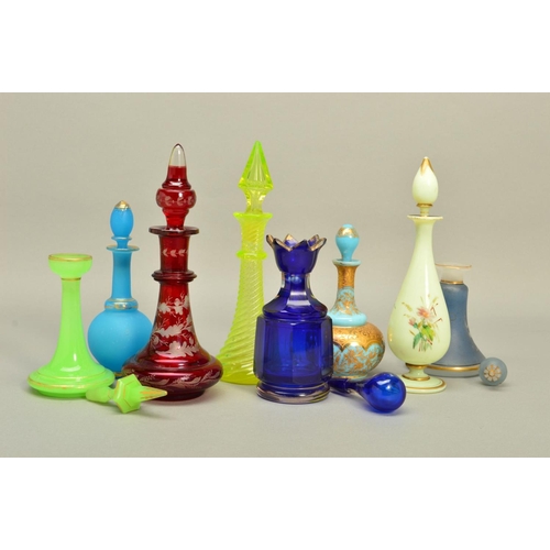 260 - A COLLECTION OF 19TH/20TH CENTURY SCENT/TOILET WATER BOTTLES, etc, to include three Uranium glass ex... 